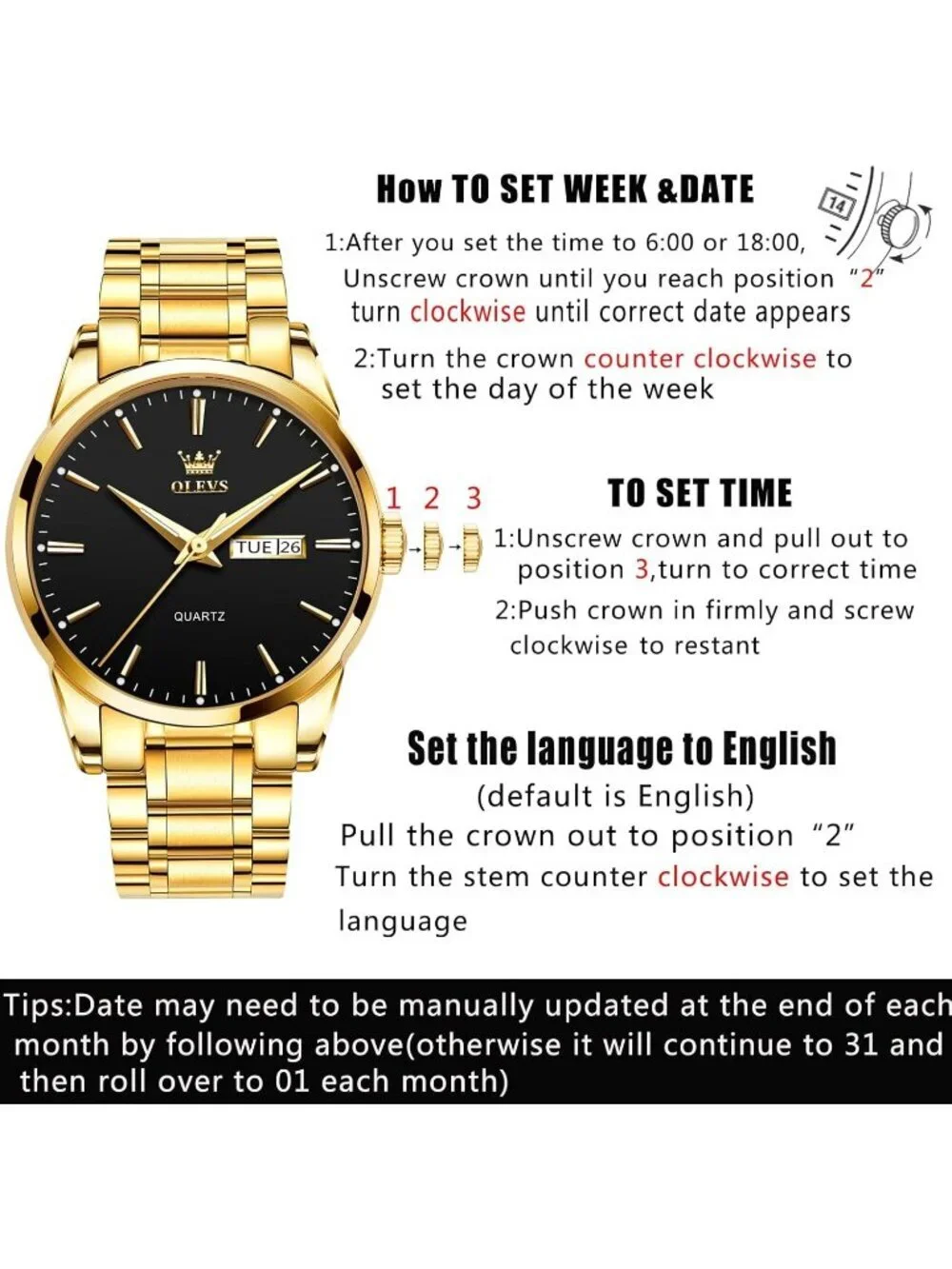 Men's Gold Black Big Dial Analog Quartz Stainless Steel Relojes Waterproof Watch